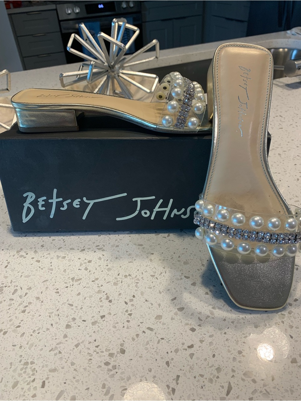 Betsey Johnson Gold Pearl & Crystal Low Block Heel Slides